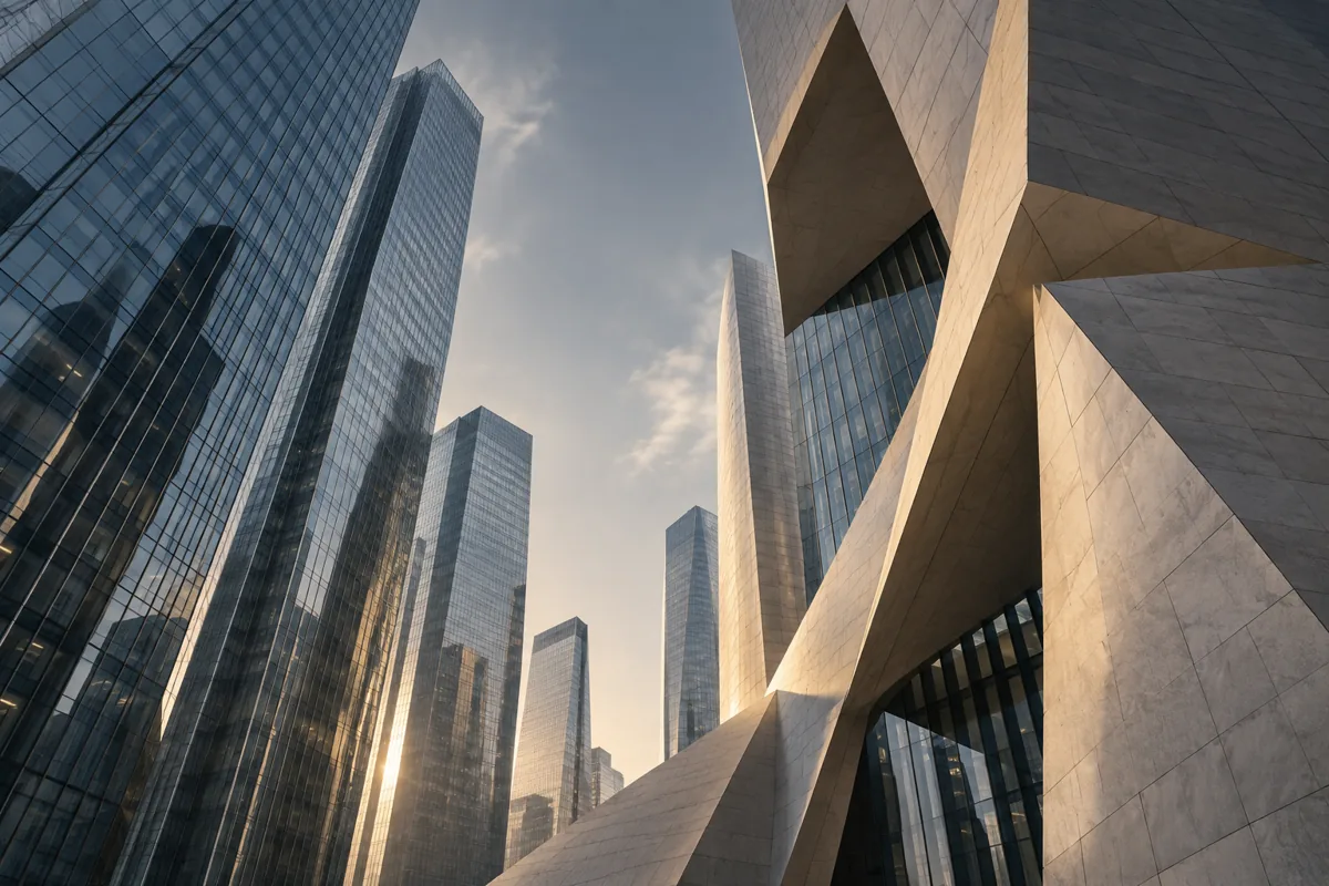 Sculptural stone and glass architecture, an editorial illustration of a business district